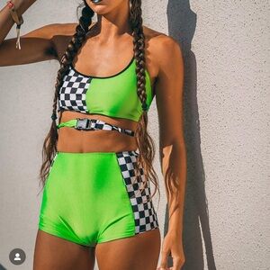 Dolls Kill/Go Guy Rave Set in Neon Green & Checkers